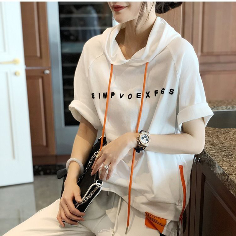 Summer Fashion Women Short Sleeve Loose T-shirt All-matched Casual Hooded Tee Shirt Femme Letter Print Tops 100% Cotton S823 220321