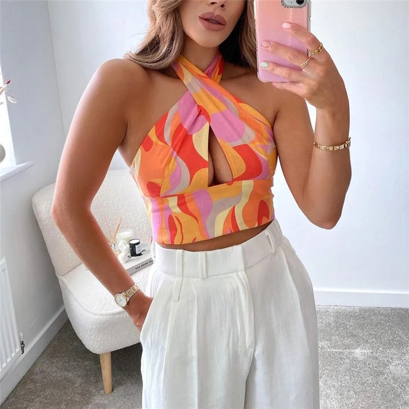 TRAF Halter Top Female Backless Crop Woman Print Sleeveless Summer s Ladies Fashion Tied Sexy Women Blouses 220325