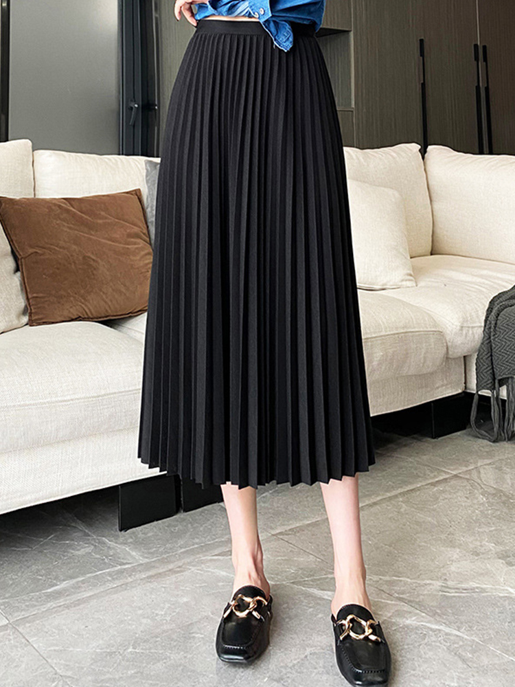 TIGENA Elegant Pleated Long Skirt for Women Autumn Casual Solid All-match A Line High Waist Mid-length Female Green 220317