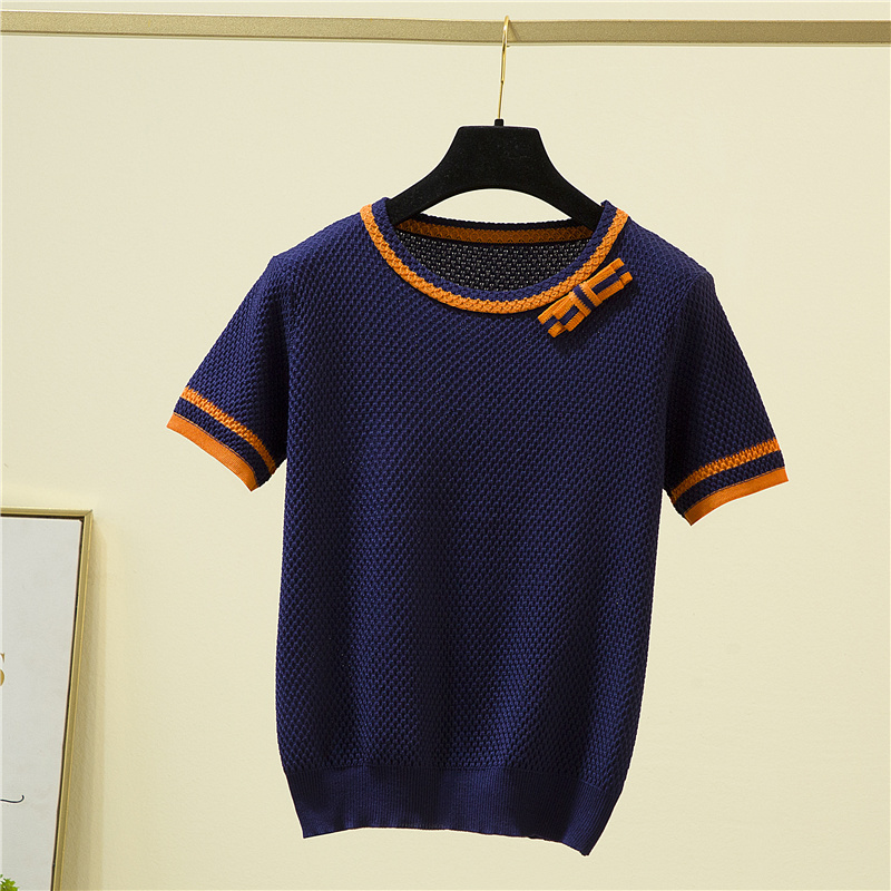 Korean Fashion Bow Patchwork Short Sleeve T-Shirt Women Elegant Summer Knitted Tees Office O-Neck Thin Woman Tshirt Tops Female 220328