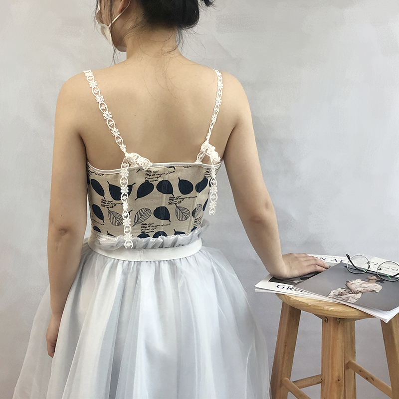Women Blue Leaves Printed Lace Camis Cropped Corset Fashion Linen Tanks Vintage Plastic Boned Overbust Bustier Tupe Tops Cyber Baby Tee Ropa Fairycore