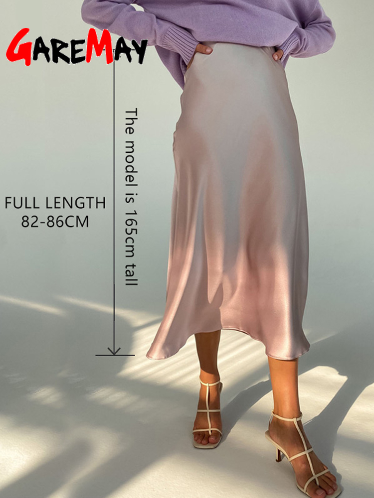 Women's Long Satin Skirt Midi Elegant High Waist Green Autumn Office A-line Solid Vintage Silk Purple for Women 220317