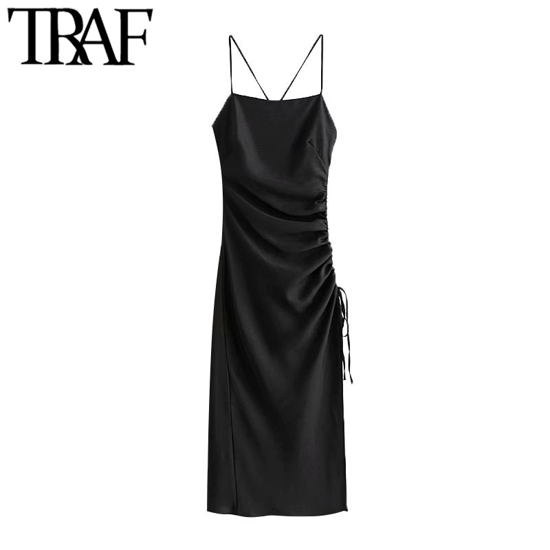 TRAF Women Chic Fashion Side Adjustable Drawstring Draped Midi Dress Vintage Backless Side Zipper Straps Female Dresses 210303