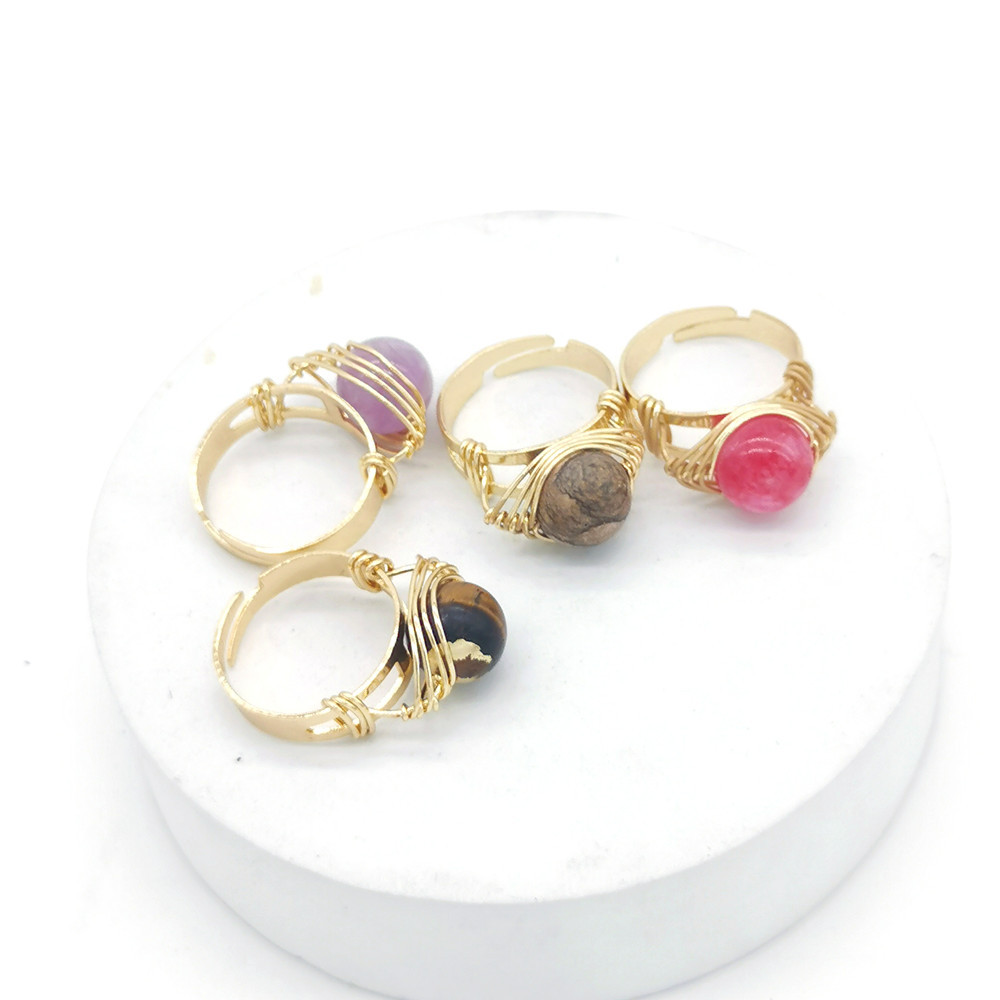 Hand Craft Bead Wire Wrapped Stone Finger Rings Reiki Healing Natural Amethysts Agates Rose Quartz Opal Rings Party Wedding Jewelry