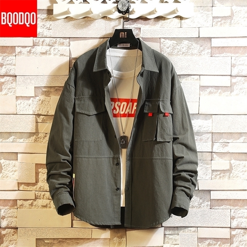 BQODQO Army Green Fashion Streetwear Blouse Men White Double Pocket Oversized Casual Shirt Male Autumn Long Sleeve Cotton Shirts
