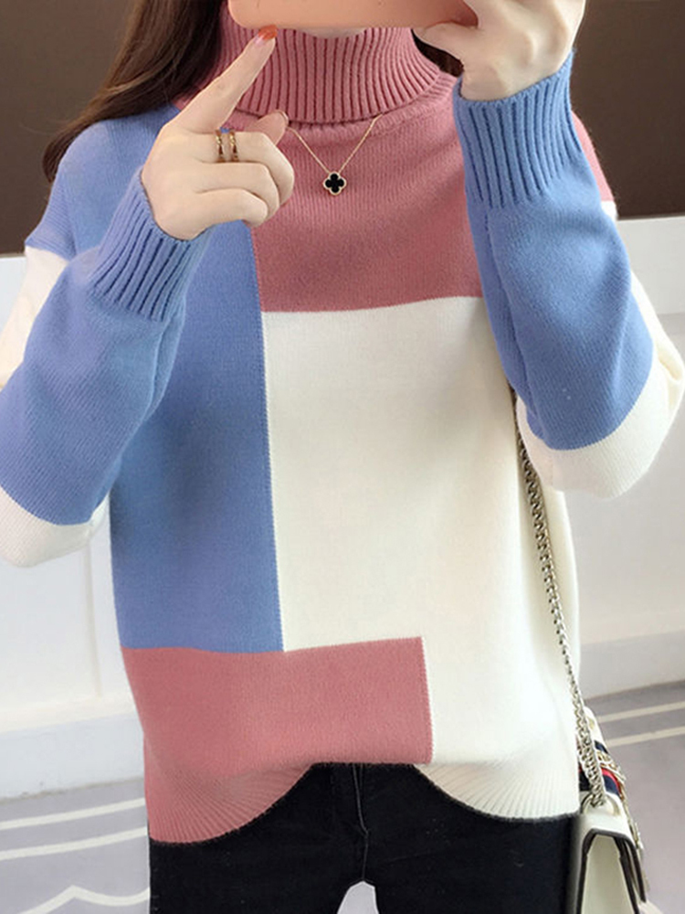 JMPRS Patchwork Women Pullover Sweater Autumn Loose O Neck Long Sleeve Knitted Thick Korean Fashion Female Jumper Top 220809