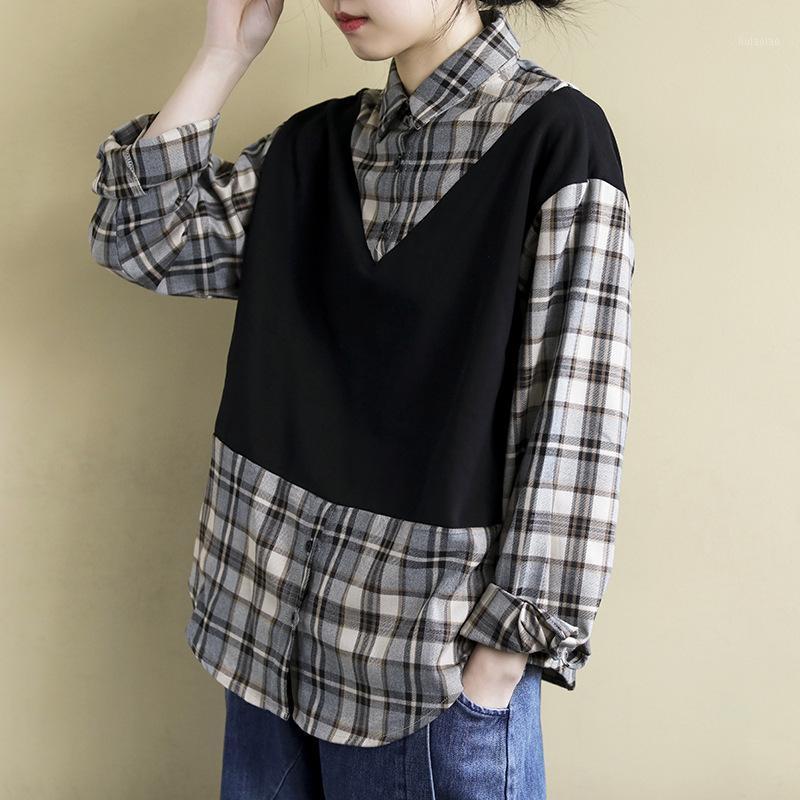 Spring Autumn Blouse Retro Women Fake Two Pieces All-match Tops Shirt Turn-down Collar Plaid Loose Women's Blouses & Shirts, Photo color
Spring Autumn Blouse Retro Women Fake Two Pieces All-match Tops Shirt Turn-down Collar Plaid Loose Women's Blouses & Shirts, Photo color