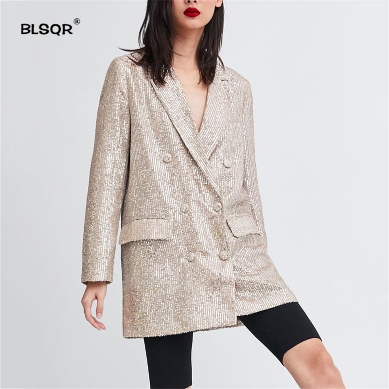 Women Geometric Pattern Sequined Blazer Feminino Shining Pockets Long Sleeve Outerwear Vintage Female Casual Tops 220402