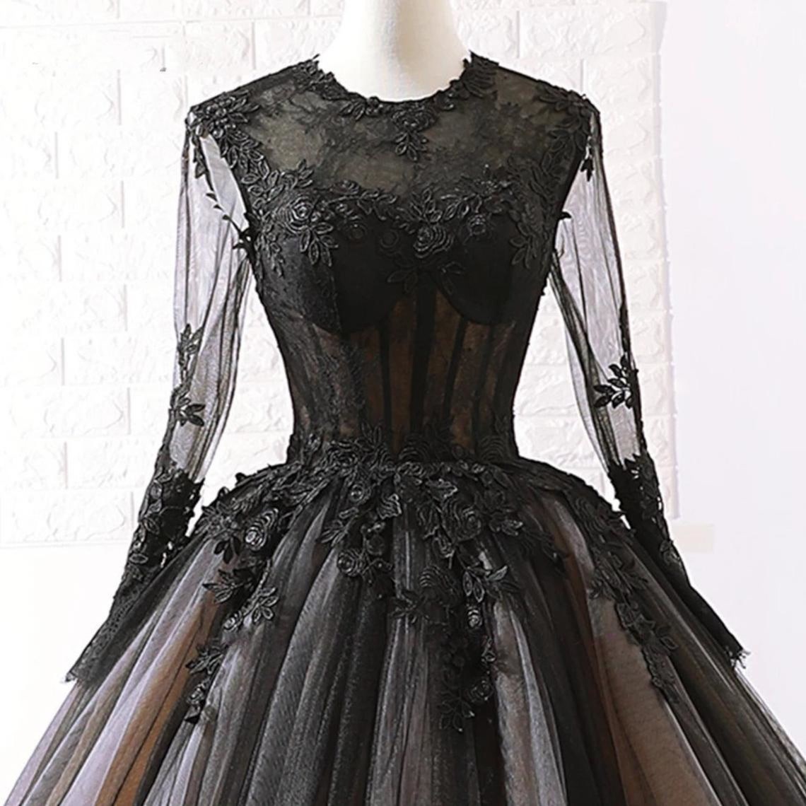 Retro Gothic Black Wedding Dress Vintage Corset A Line Bridal Gowns Lace Appliques Long Sleeve Floor Length Bride Dresses 2022 Autumn Robes De Mariage