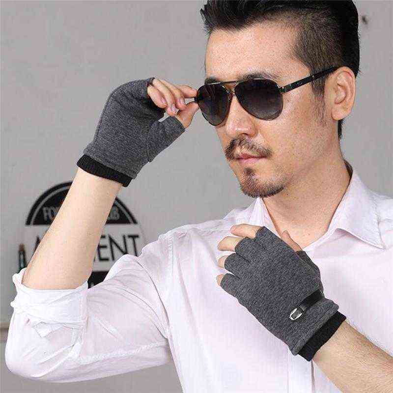 Five Fingers Gloves Fingerless Men Driving Suede Leather Black Grey Half Finger Elastic Outdoor Bike Mittens Winter Warm T220815