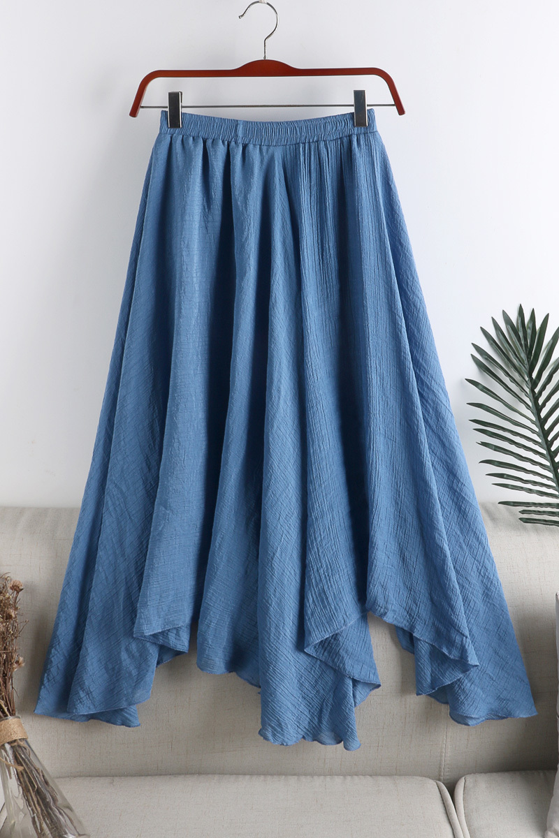 Linen Skirt Womens Spring Summer women Midi Solid Color wild Irregular Pleated blue black big swing Fishtail Skirt 220701