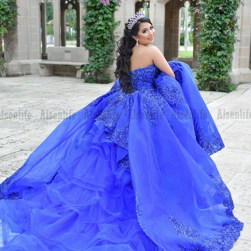 Mexican Royal Blue vestidos de 15 anos Quinceanera Dress with Removeable Sleeves Sequin Applique Sweet 16 Dress Long Prom Gown