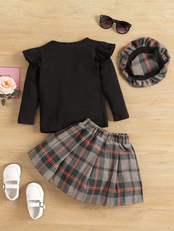 Toddler Girls Ruffle Trim Top & Tartan Skirt With Hat SHE