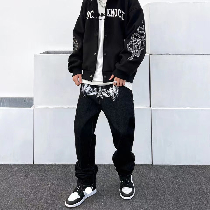Emo Men Black Streetwear Hip Hop Skull Gothic Straight Wide Leg Cargo Pants Y2K Alt Harajuku Baggy Low Rise Jeans Clothes 220701