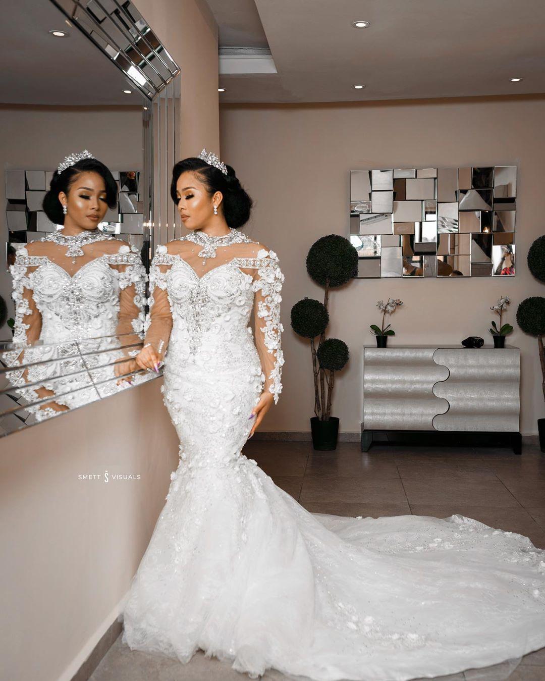 Arabic Aso Ebi Luxurious Lace Beaded Crystals wedding dresses high neck 3D floral long sleeve cathedral train civil bridal gown