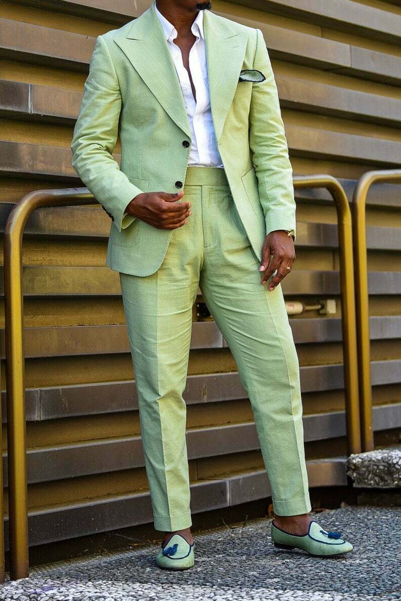 Men's Summer Linen Suits Tuxedos Single Breasted Wide Lapel For Wedding Suit Blazer Pant 2 Pieces