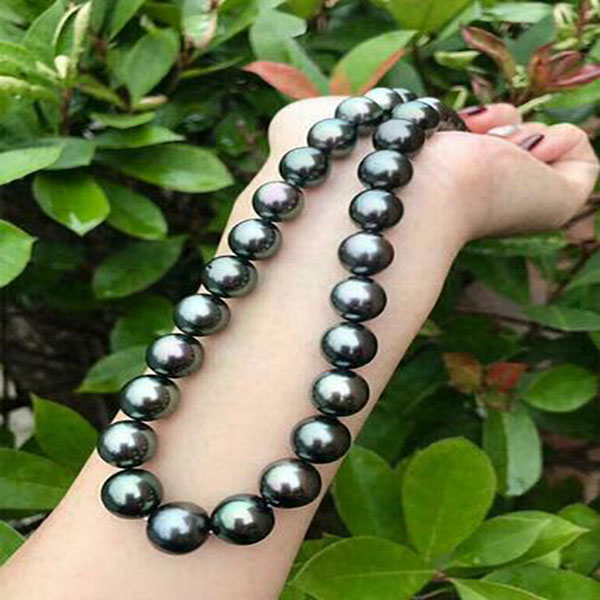 AAAAA 18" 11-12mm 100% Real Round Natural Tahitian Black Pearl Necklace 14K Gold