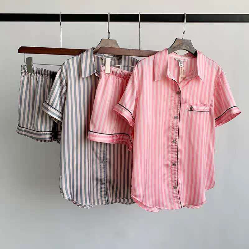 Summer Pajamas for Women Satin Silk Stripes Sleepwear Pyjamas Short Pink Loungewear Pjamas Ladies Home Suit Homewear Woman 220802