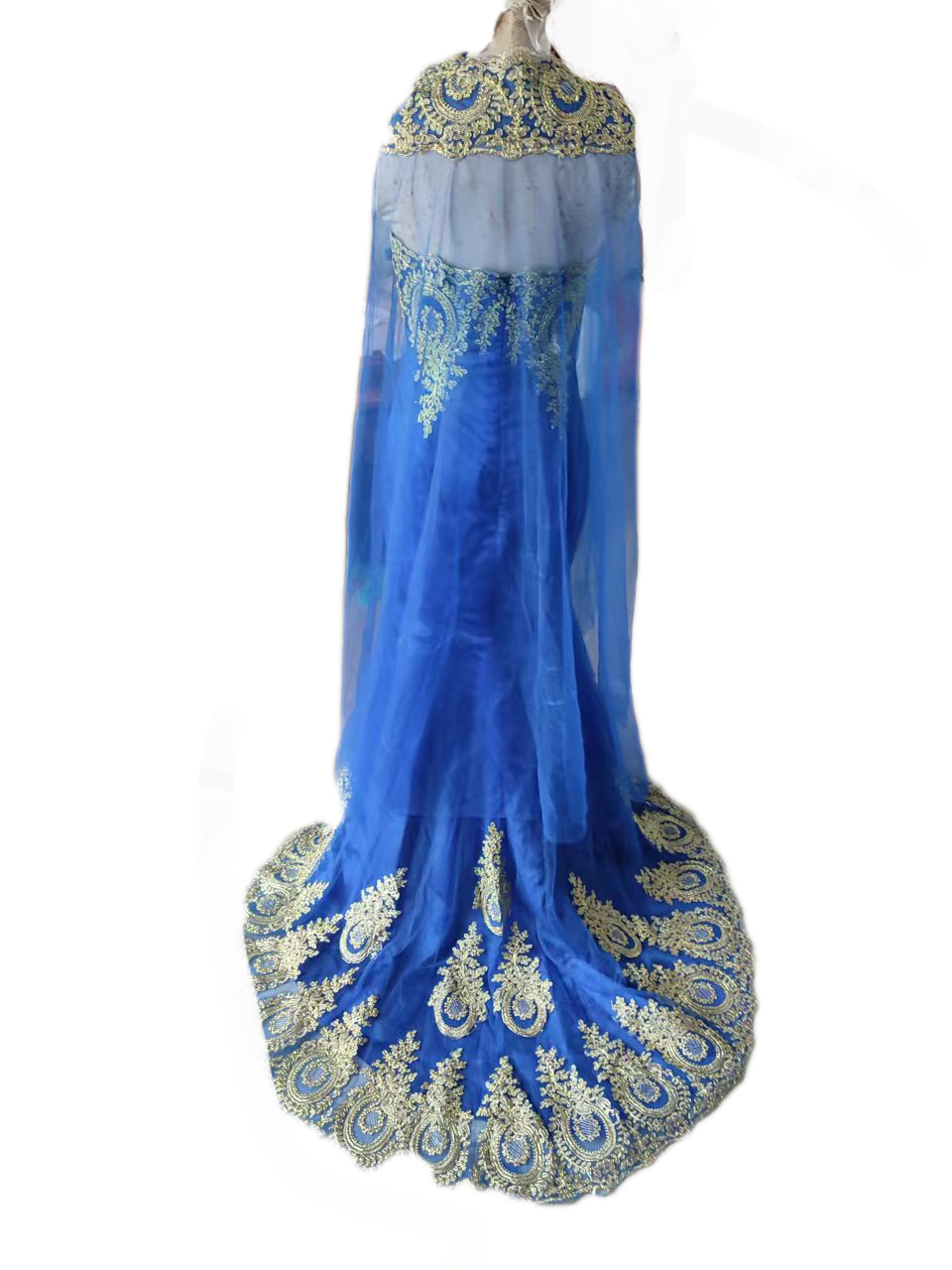 Vintage Dubai Arabic Evening Dress 2022 With Cape Royal Blue Gold Lace Mermaid Prom Dress Muslim Morrocan Caftan Robe De Mariage Special Occasion Form