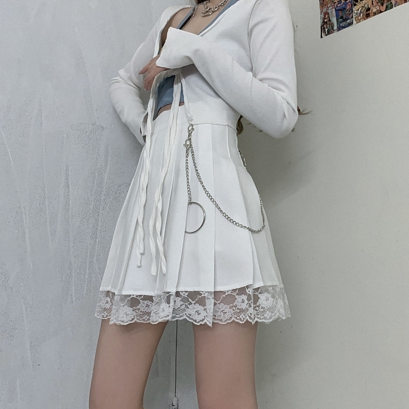 Harajpoo Women Skirts Chain Lace Stitch Y2k Summer Korean Ins Street Black High Waist Student A Line Short Pleated Skirt 220322