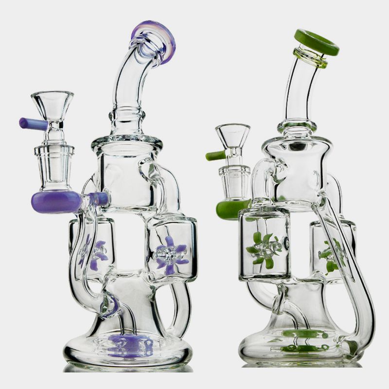 Double Recycler Purple and Green Hookahs Propeller Percolater Water Pipes 4mm Thick Big Glass Bongs 14mm Female Joint With Bowl