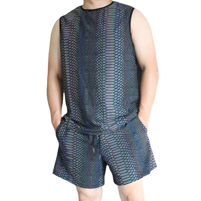 Men's Tracksuits Summer Tracksuit Sets Colorful Reflective Tank Top Elasticity Breathable Sportswear Vests Light Reflection Joggin