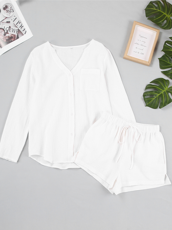 100%Cotton Autumn Sleepwear Suits With Shorts Pijama Pocket Nightwear Single Breasted Women's Nightgown Full Sleeve Women Pajama 220329