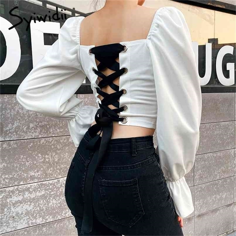 Belt Crop Tops Womens Blouse Ladies Long Puff Sleeve Shirt White Black Tshirts SHORT Sexy Square Collar Lace Up 210607
Belt Crop Tops Womens Blouse Ladies Long Puff Sleeve Shirt White Black Tshirts SHORT Sexy Square Collar Lace Up 210607