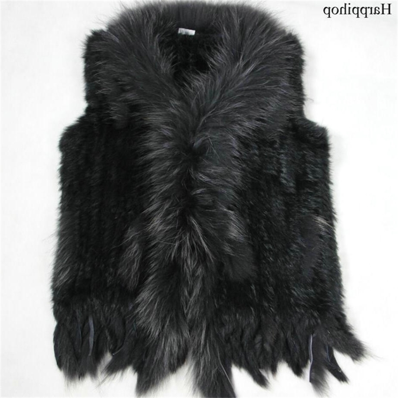 high quality Retailwholesale Raccoon Dog Collar Trim Women Knitted Natural Rabbit Fur Vest Giletwaistcoat T200506
