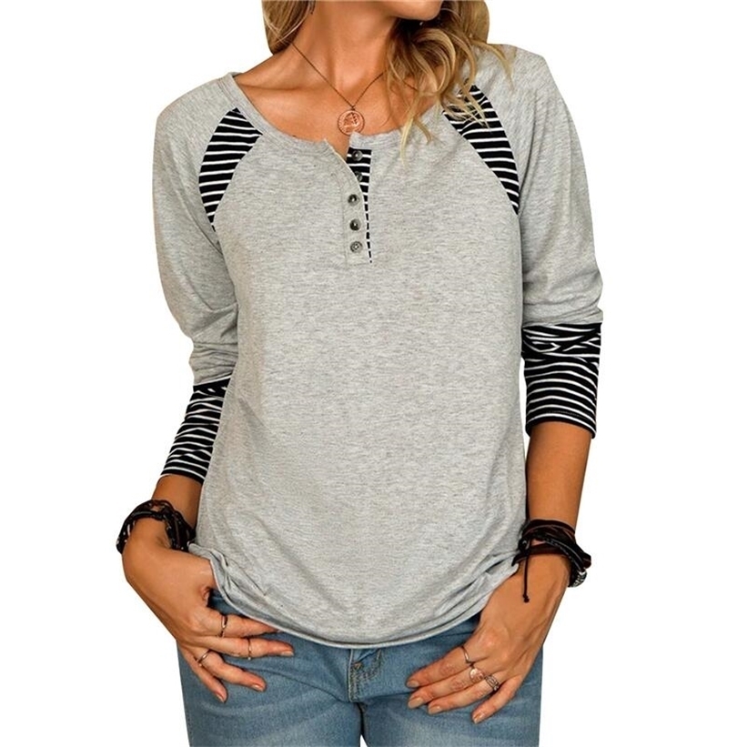 Autumn Striped Print T-shirt Women Casual Long Sleeve Round Neck Button Tee Tops Fashion Stitching Pullover Straight 220322, Light blue
Autumn Striped Print T-shirt Women Casual Long Sleeve Round Neck Button Tee Tops Fashion Stitching Pullover Straight 220322, Light blue