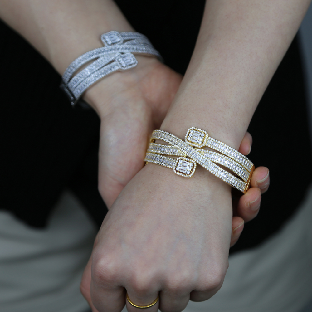 Iced Out Sparking Baguette CZ Cubic Zirconia Bracelet Gold Sier Color Fashion Multi Layered Band Bracelets Bangles Jewelry