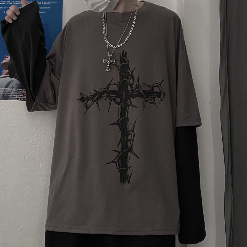 Grunge Clothes Women Autumn Long Sleeve Emo T-shirts Harajuku Men Cross of Thorn Goth Top Alt Aesthetic Streetwear Tshirts 220525
