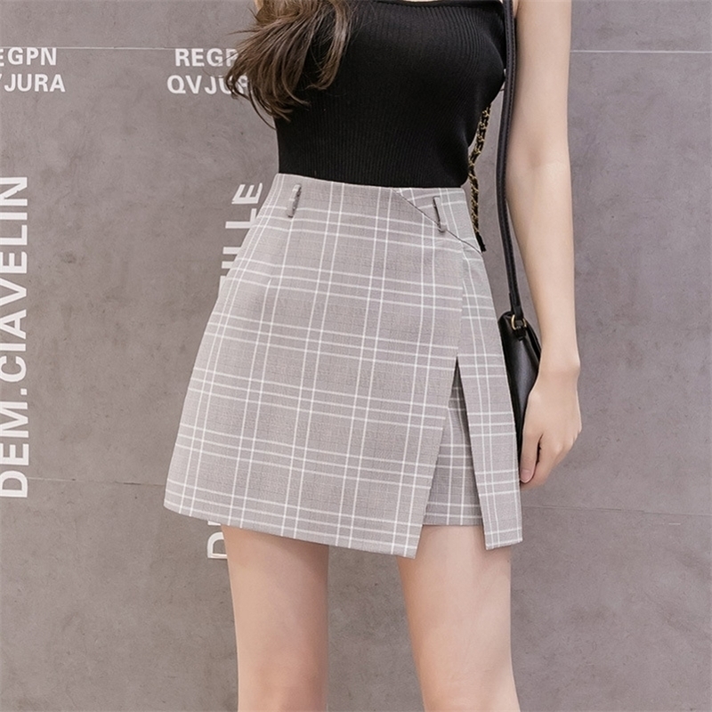 Irregular Split Plaid Aline Skirt Female Summer High Waist Korean Skirts Women Office Chiffon Mini Skirt Women 210306