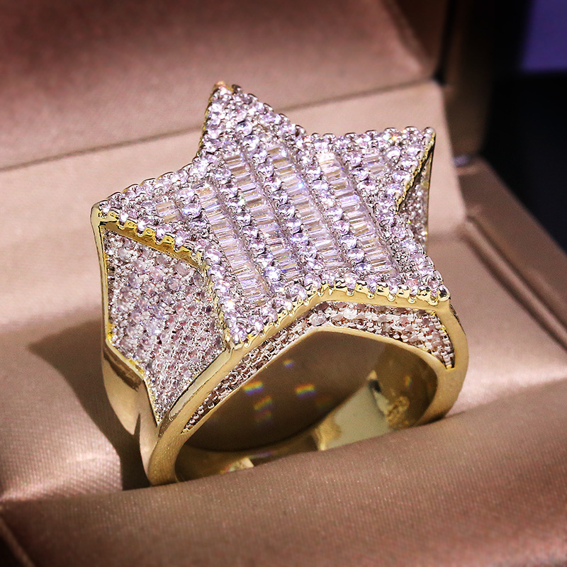 Mens Iced Out Gold Rings Five-pointed Star Full Diamond Stones Rings Hip Hop Ring Jewelry