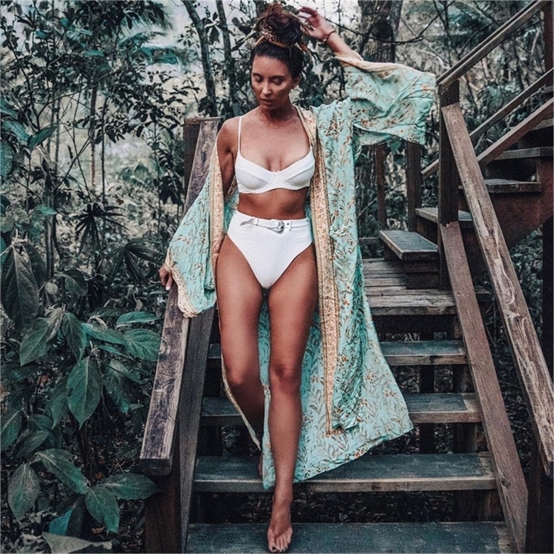 AYUALIN Kaftan women dress floral print Kimono long Sleeve Autumn dress Sexy Vneck Loose Belt Cardigan Rayon Dresses boho robe T200604