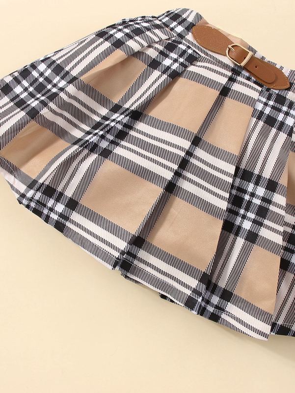 Toddler Girls Puff Sleeve Tee & Plaid Buckled Pleated Skirt SHE