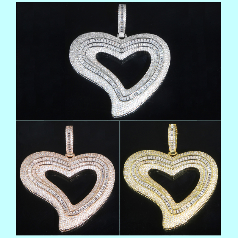 Iced Out Bling 5A CZ Big Hollow Heart Pendant Necklace Micro Pave Baguette Cubic Zirconia Tennis Chain HipHop Women Men Jewelry