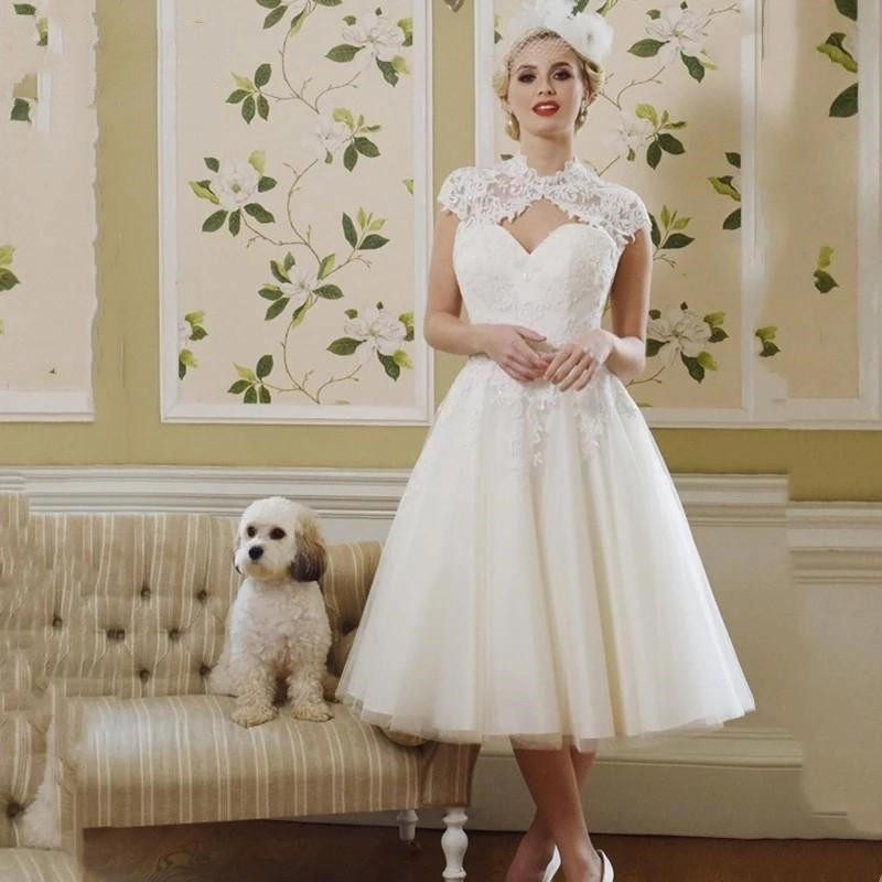 Vintage Tea-length 1920s' Bridal Dresses with Jacekt Wrap Bolero Full Lace Short Beach Country wedding gown Vestidos De Novia