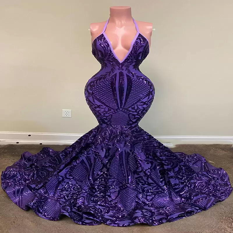Plus Size Purple Sequin Prom Dresses Mermaid For Black Girls 2022 V Neck Backless African Aso Ebi Evening Gowns Sparkly Party Robes De Soirée Vestidos