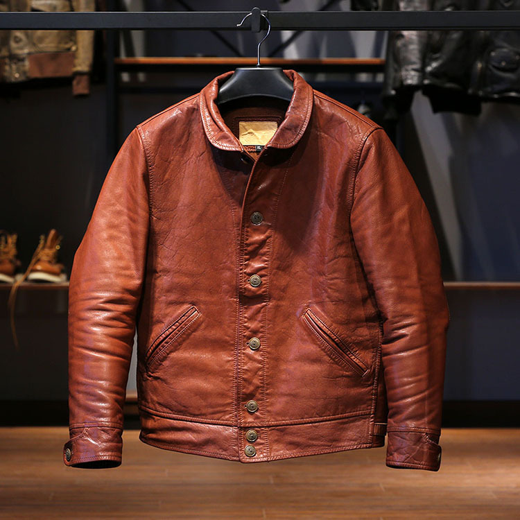 

Einstein same style jacket Unpainted water-stained oil-waxed top layer goat genuine leather, Black