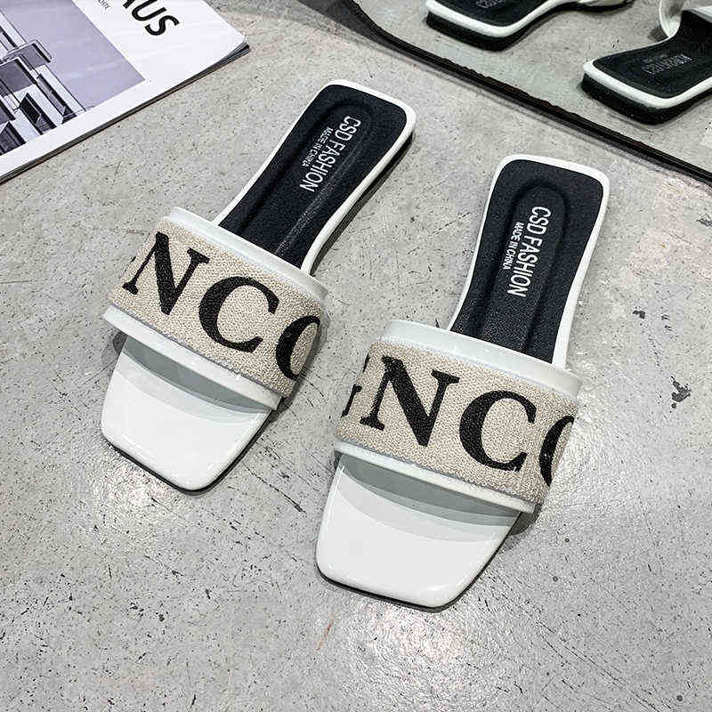 2022 New Open Toe Ladies Slippers Casual Fashion Letters Flat Heel Women's Home Casual Slippers Fashion Plus Size 35-42 Y220412