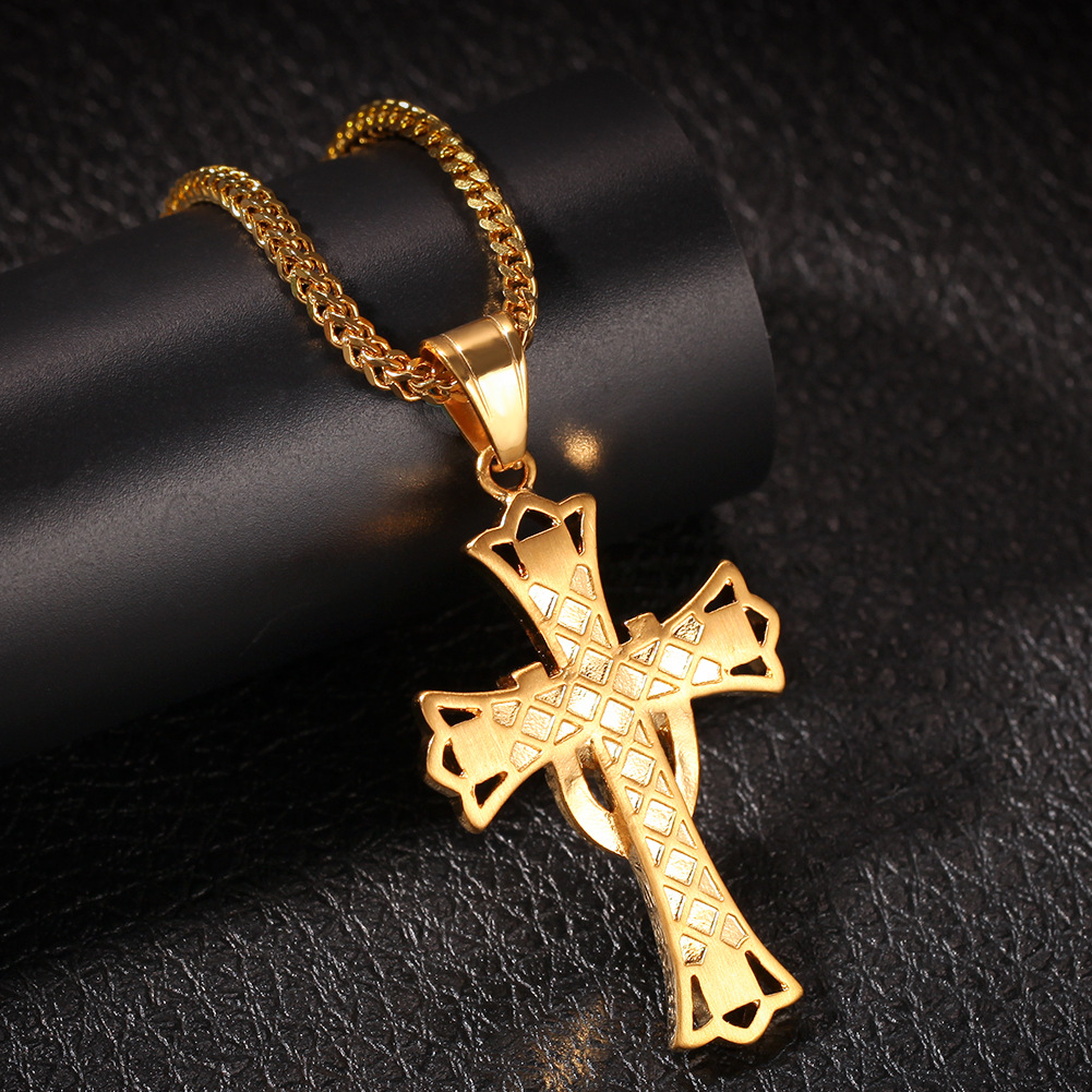 Shining Cross Pendants Necklace Jewelry Stainless Steel 18K Real Gold Plated Men Gift Religious Jewelry