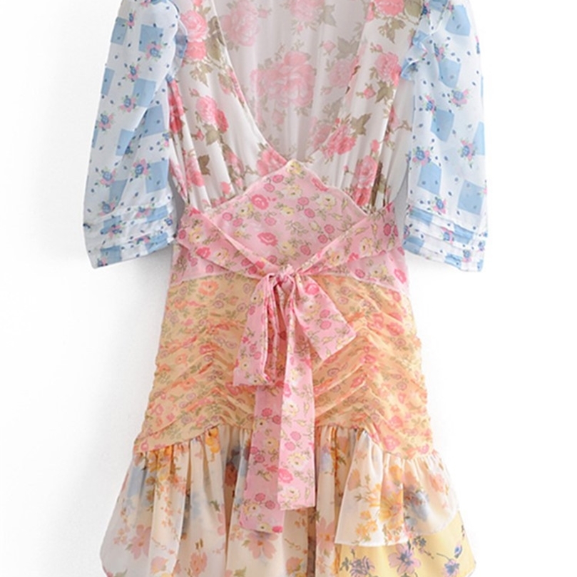 Retro France Short Puff Sleeve Floral Print Hit Color Dress Women Pleated Ruffle Tie Bow Sashes Mini Dresses Holiday 220511