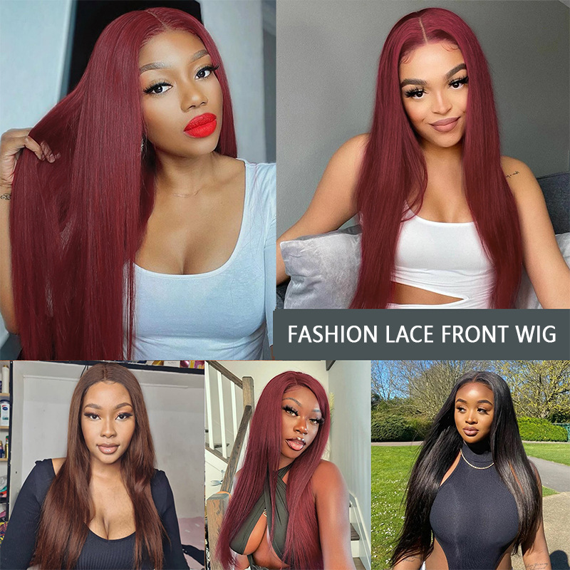 Long Straight High Temperature Fiber Lace Front Wine Red wig for woman