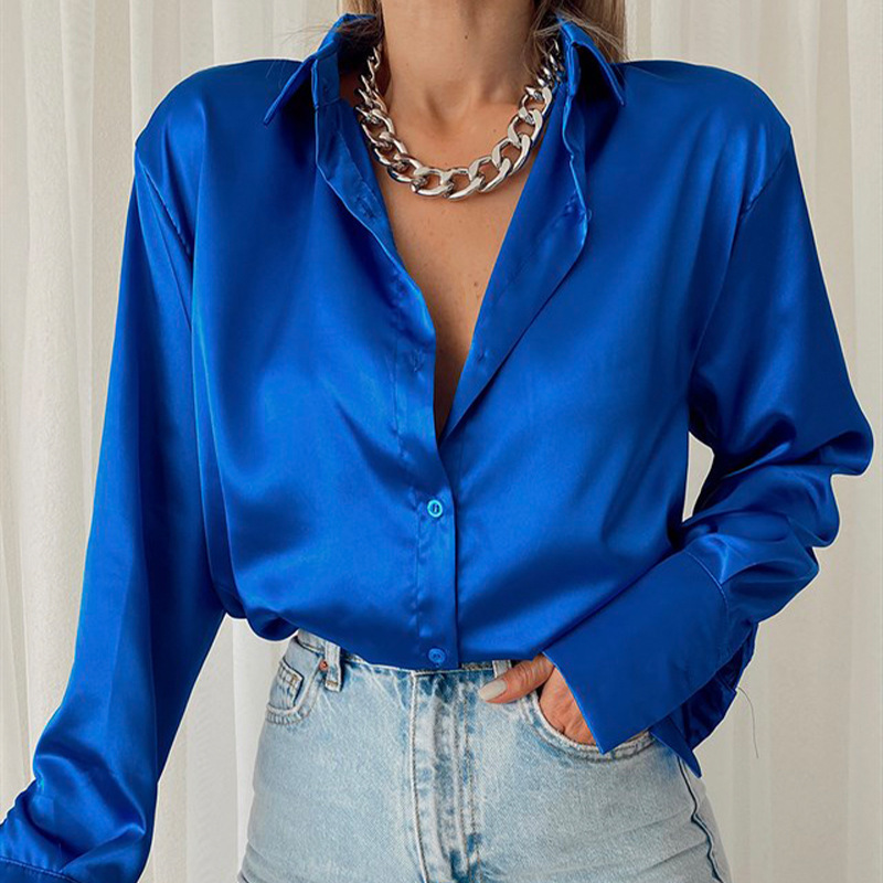 Satin Women's Shirt Polo Collar Office Lady blouse Vintage Blue Green Silk Shirt Loose Button Up Down Shirts Black Fashion Tops 220407