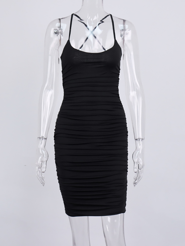 Asia Ruched Mini Dress Backless Tie up 2 Layers Stretch Sleeveless Slim Fit Sexy Summer Dress Women Fashion Robe Party Wear 220511