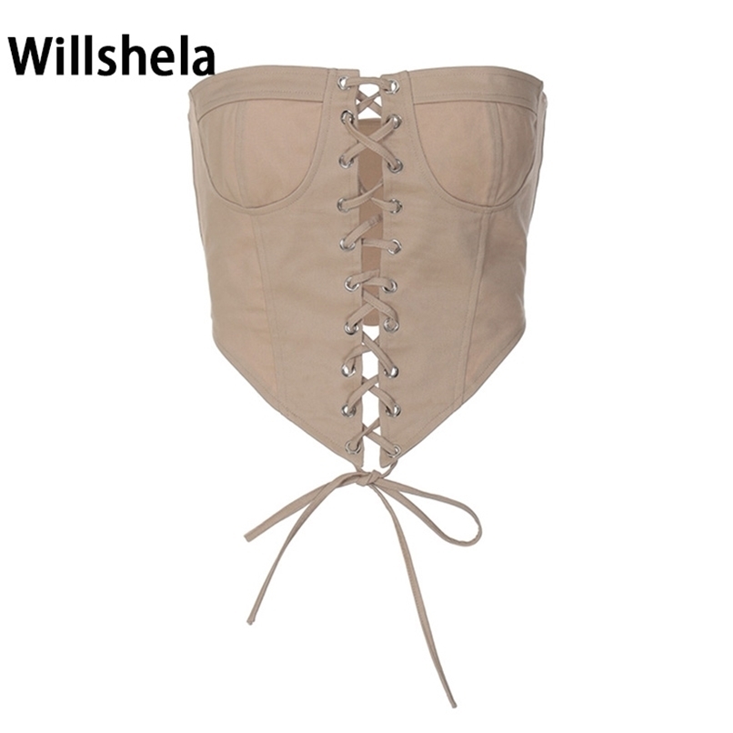 Willshela Women Fashion Solid Lace Up Bandage Cropped Tops Vintage Strapless Slim Fitting Sexy Female Chic Lady Top 220316