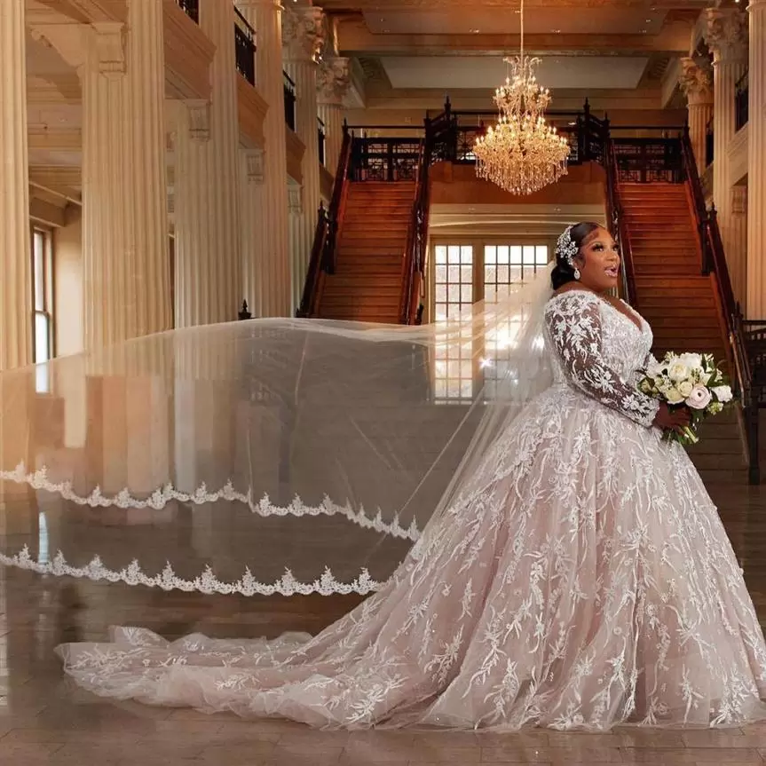 2022 Blush Pink Plus Size Wedding Dresses Bridal Gown V Neck Long Sleeves Tulle Lace Applique Sweep Train Custom Made Vestidos De Novia