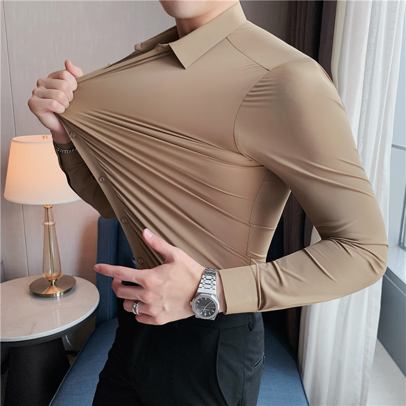 High Elasticity Seamless Mens Long Sleeve Slim Casual Solid Color Business Formal Dress Shirts Social Party Blouse 220811