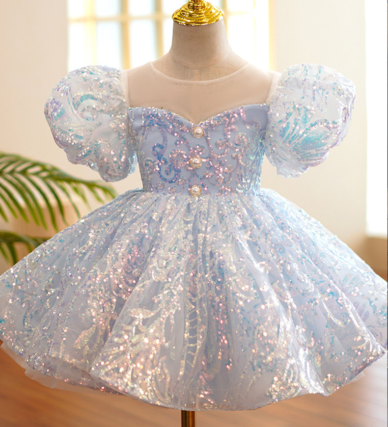 2023 blue Ball Gown Flower Girl Dresses for Wedding See Through Beaded Puffy Little Girls Pageant Dress sequined Toddler First holy Communion Gowns